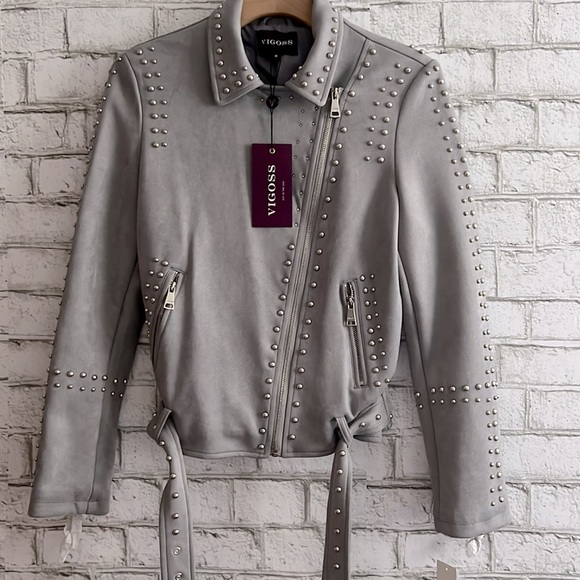 NWT Vigoss Studded Faux Suede Moto Jacket Size Small gray - Picture 5 of 9